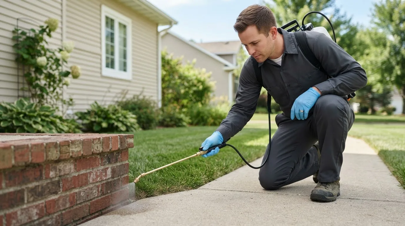 Pest control technician treating a home near Brightwood, OR